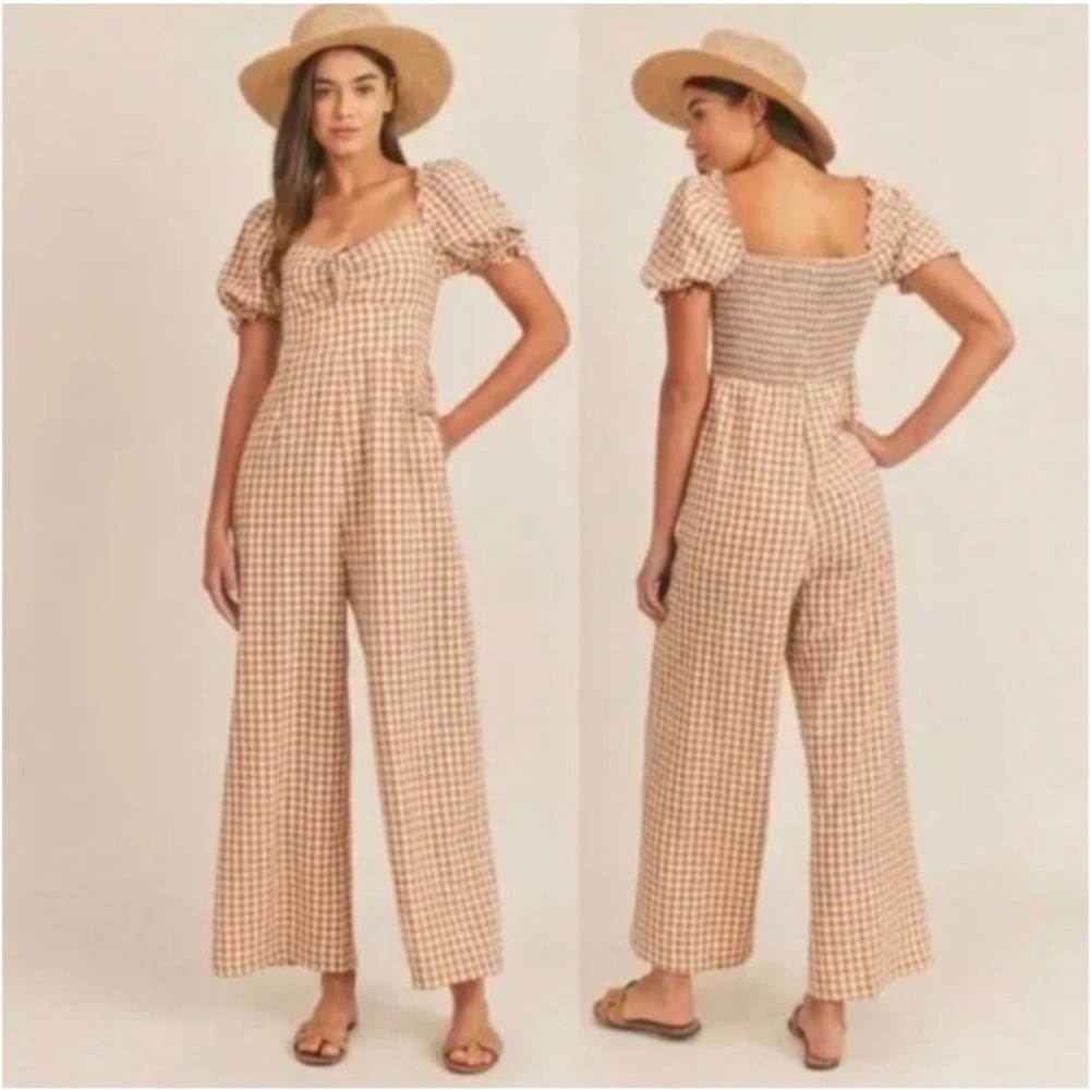 Mable Brown Gingham Puff Sleeve Wide Leg Jumpsuit Sweetheart Neck Small